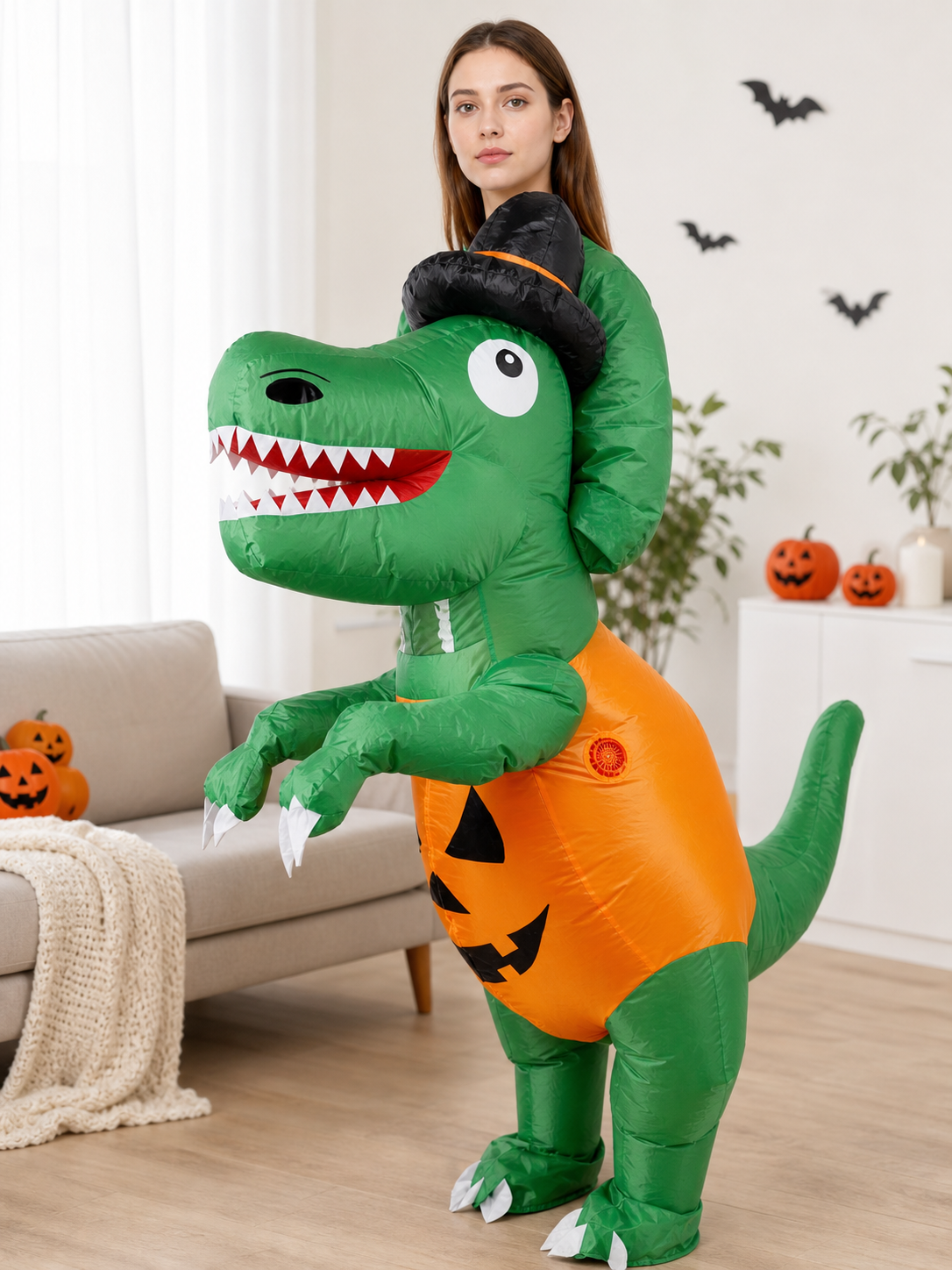 Inflatable dinosaur costume with pumpkin insert