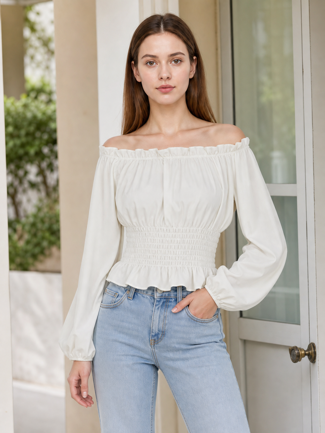 White Blouse with Voluminous Sleeves and Ruffles