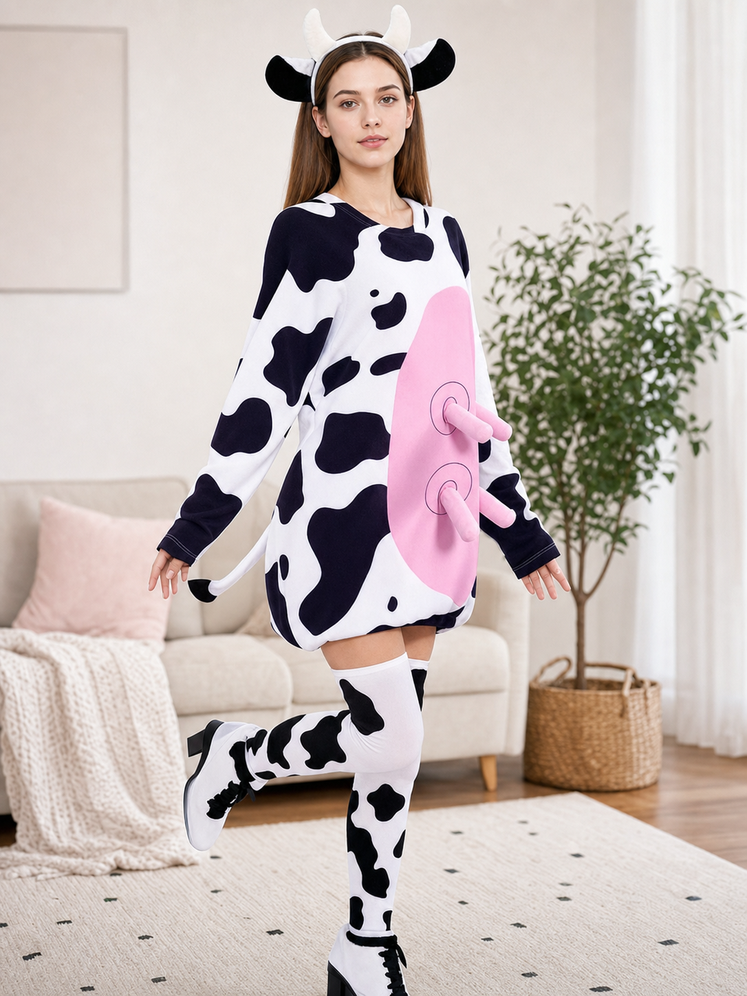 Adult Cow Costume with Headband, Tail, and Leg Warmers