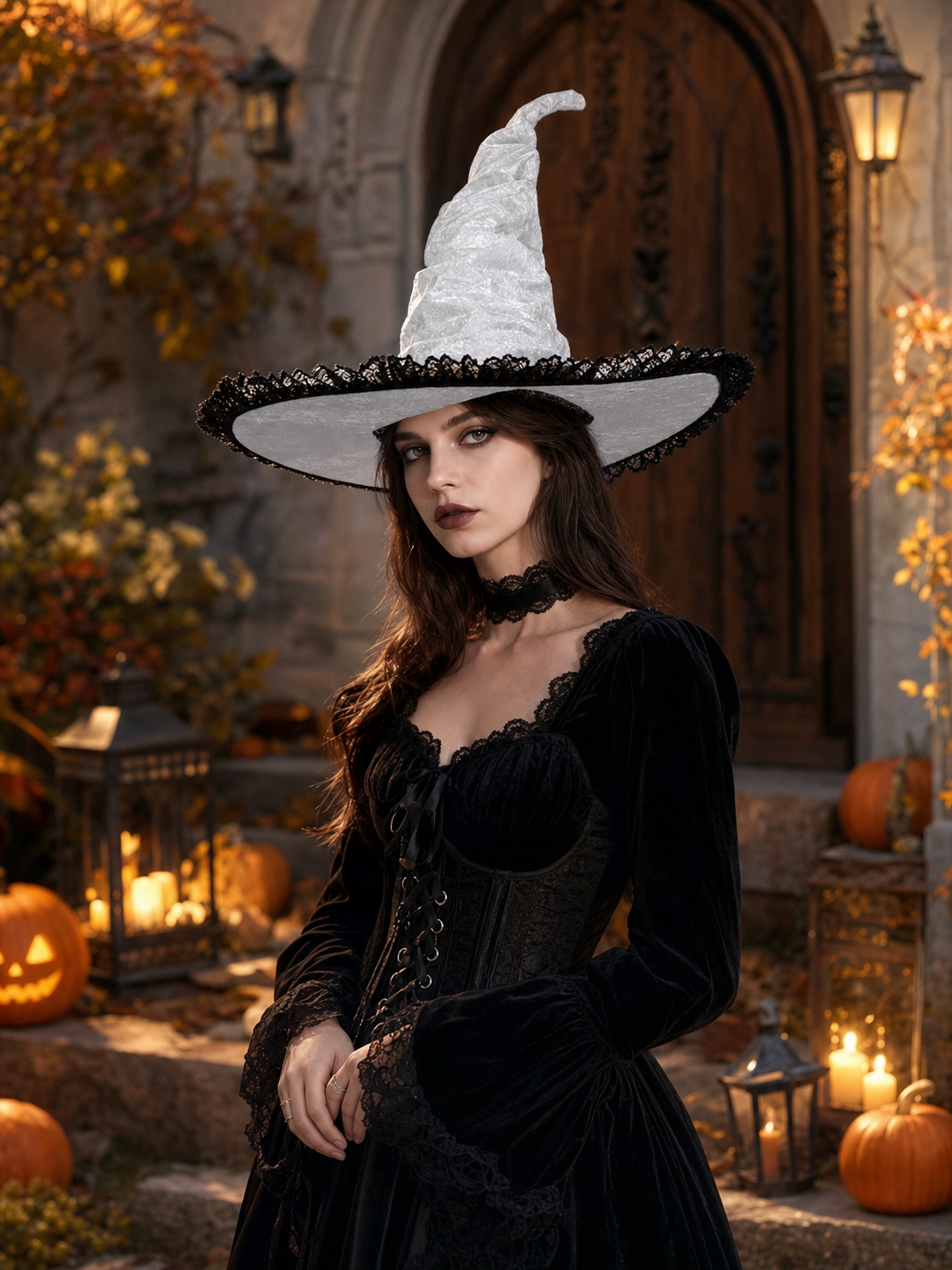 Light Gray White Halloween Witch Hat with Black Lace Trim, Tall Bent Pointed Crown and Wide Brim for Witch Cosplay Costume Party