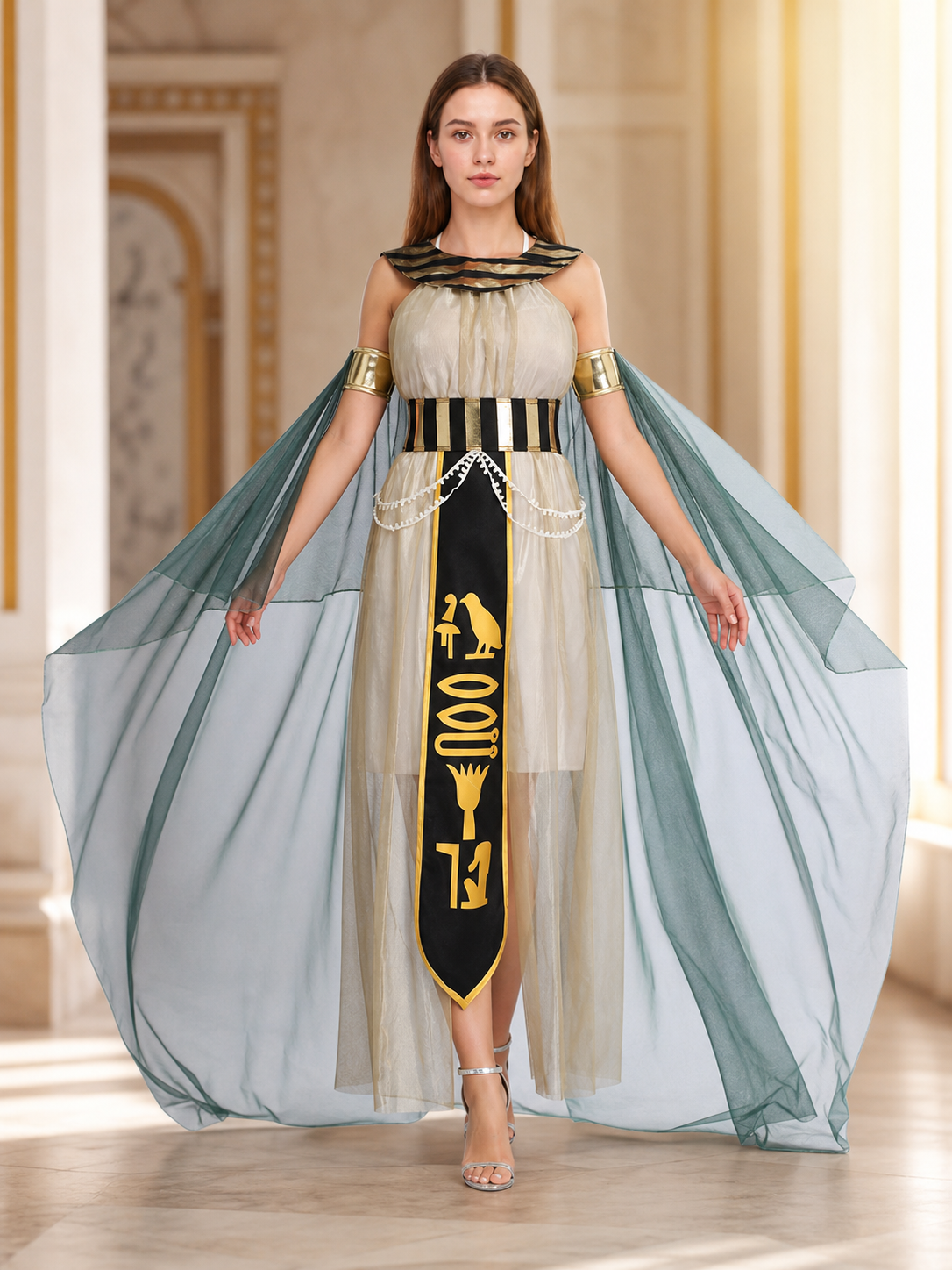 Women’s Egyptian Pharaoh Queen Halloween Cosplay Dress Set with Headpiece, Belt, Arm Accessories and Draped Sleeves for Stage Performance