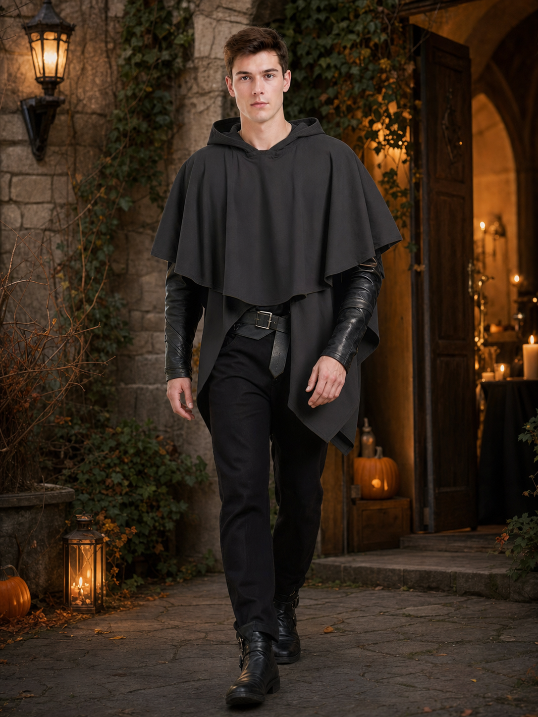Dark Medieval Fantasy Hooded Cloak Gray Loose-Fitting Cape-Like Poncho With Oversized Hood For Cosplay Role-Playing Attire