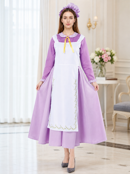 Purple dress costume with apron and bonnet