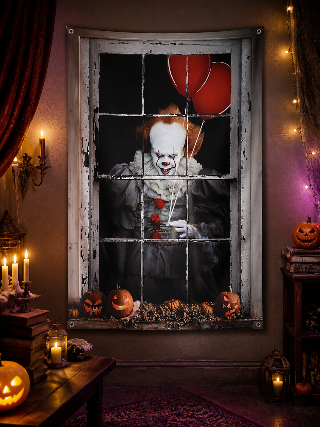 1pc Halloween Clown Backdrop, Vintage Window Frame with Red Balloons lifestyle view