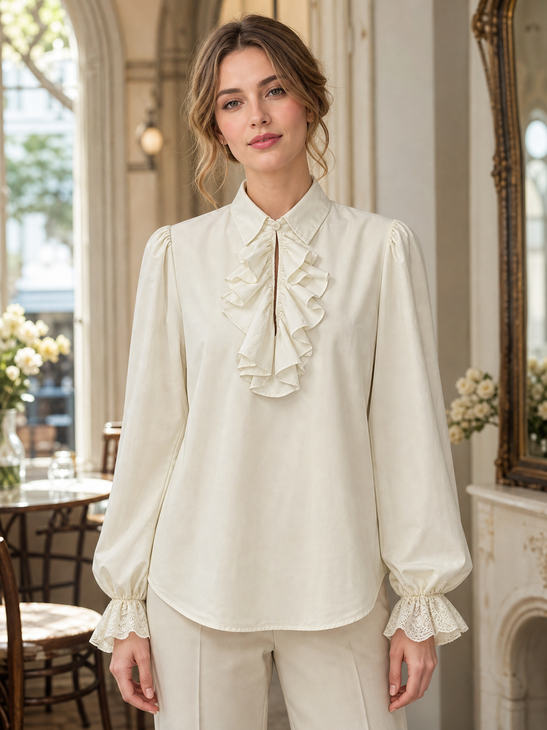 Cream Ruffled Blouse with Lace Cuffs