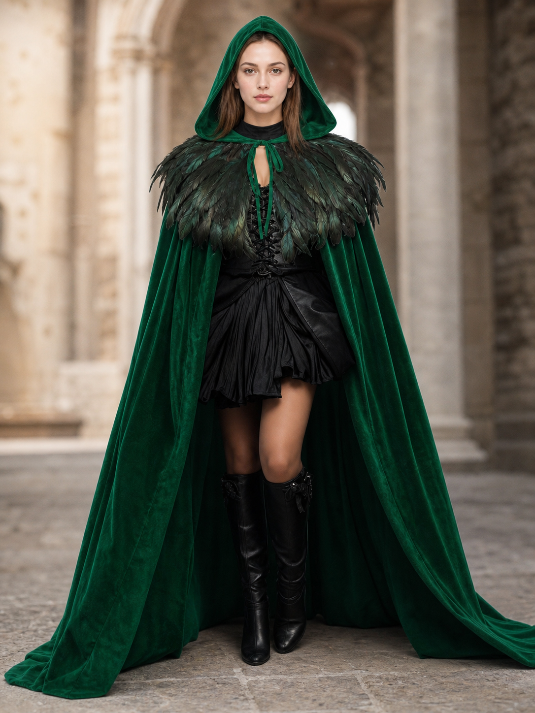 Green Hooded Velvet Feather Cape