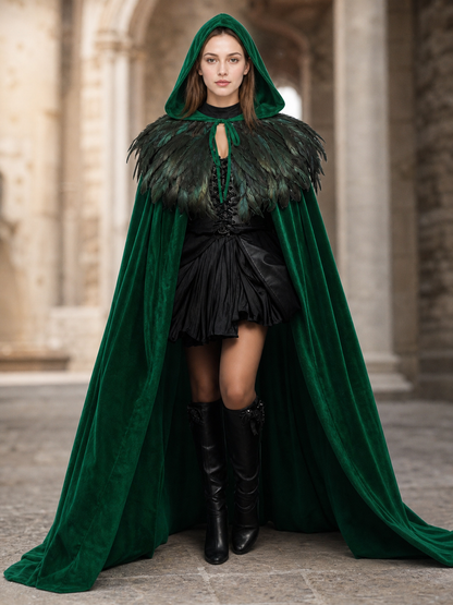 Green Hooded Velvet Feather Cape