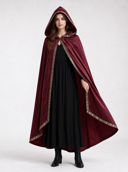 Burgundy velvet-look hooded costume cape product view 28