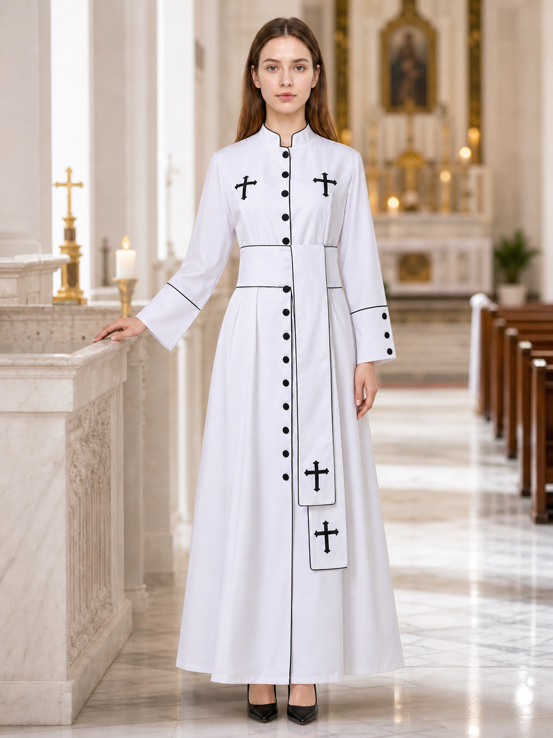 Carnival Robe with Crosses, White with Black Trim
