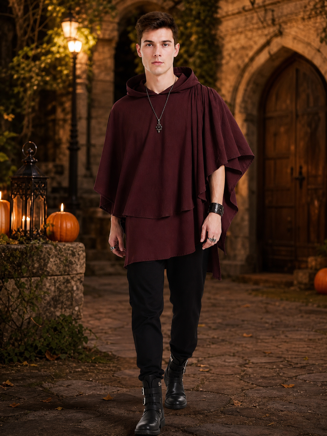 Hooded Cloak Halloween Costume, 1pc Dark Red Medieval Fantasy Cape With Attached Hood, Draped Sleeves And Layered Panels For Cosplay