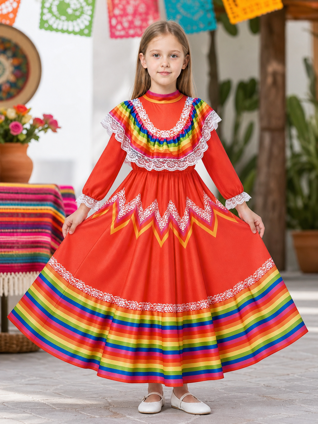 Folk Dress with Ruffles and Rainbow Inserts