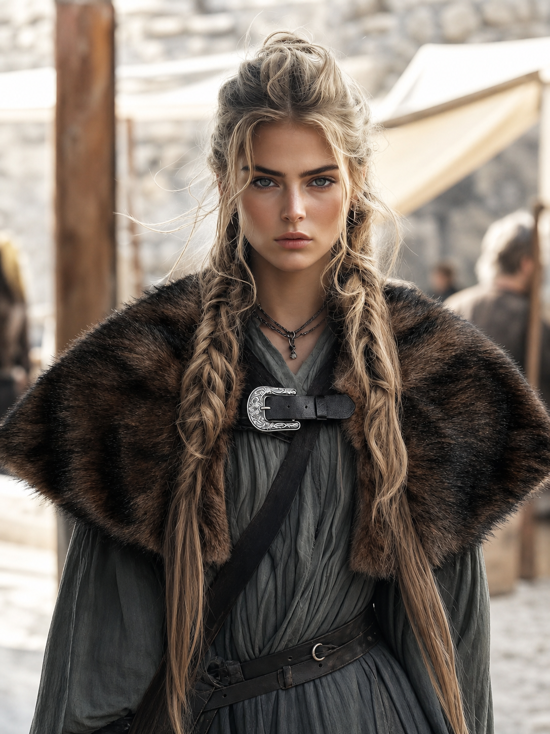 Fur Shoulder Shawl with Buckle, Brown