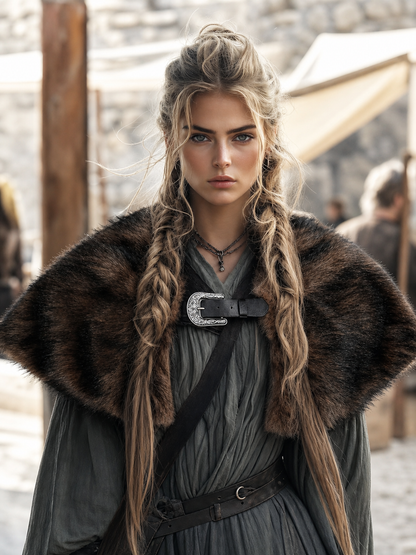 Fur Shoulder Shawl with Buckle, Brown