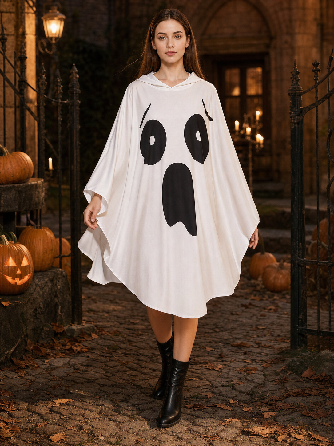 Ghost Halloween Costume Poncho with Attached Hood, Wide Draped Sleeves, Open Mouth Graphic and Spooky Face Design for Costume Events