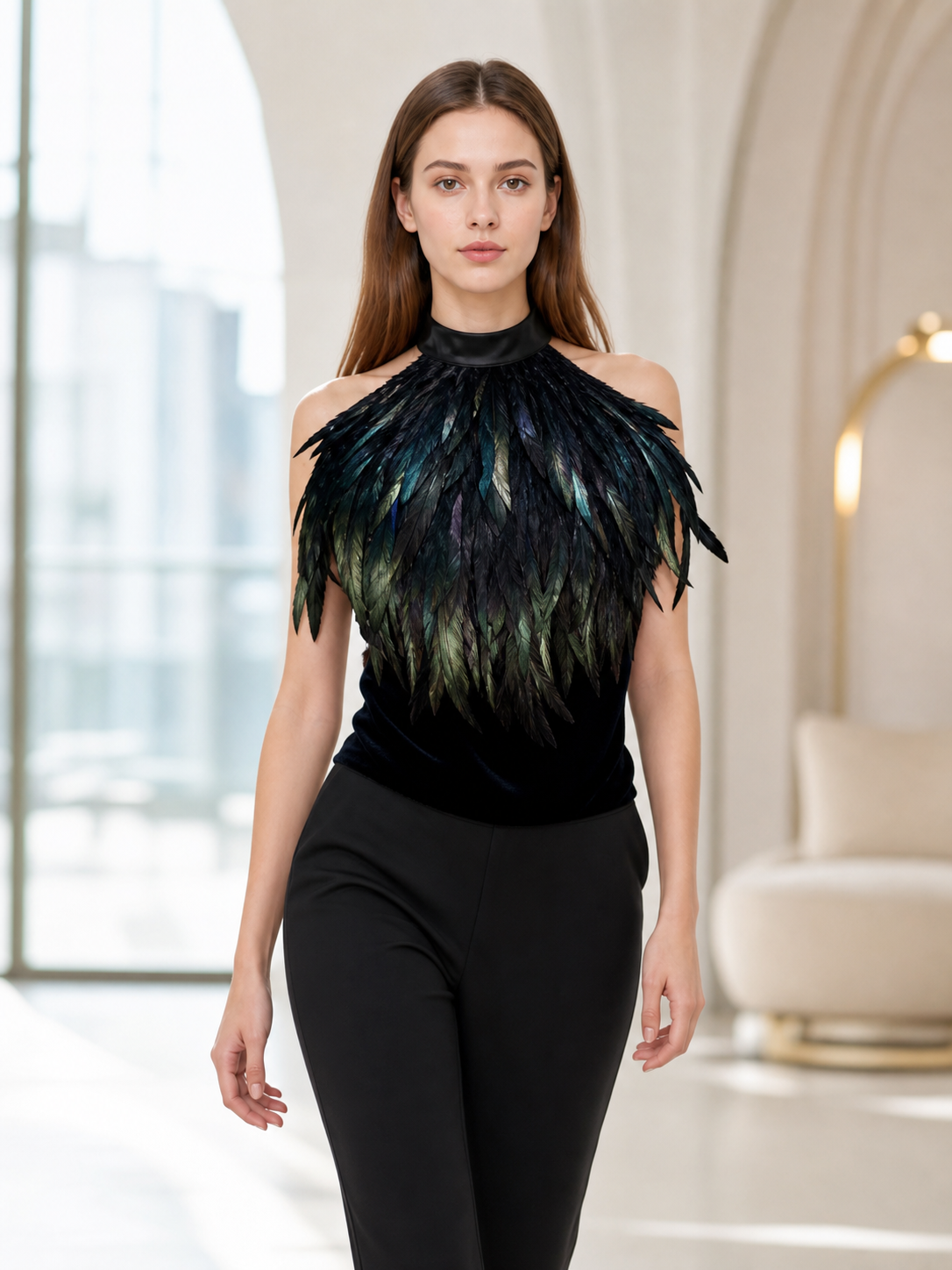 Black halter top with a feather-like texture and no embellishment