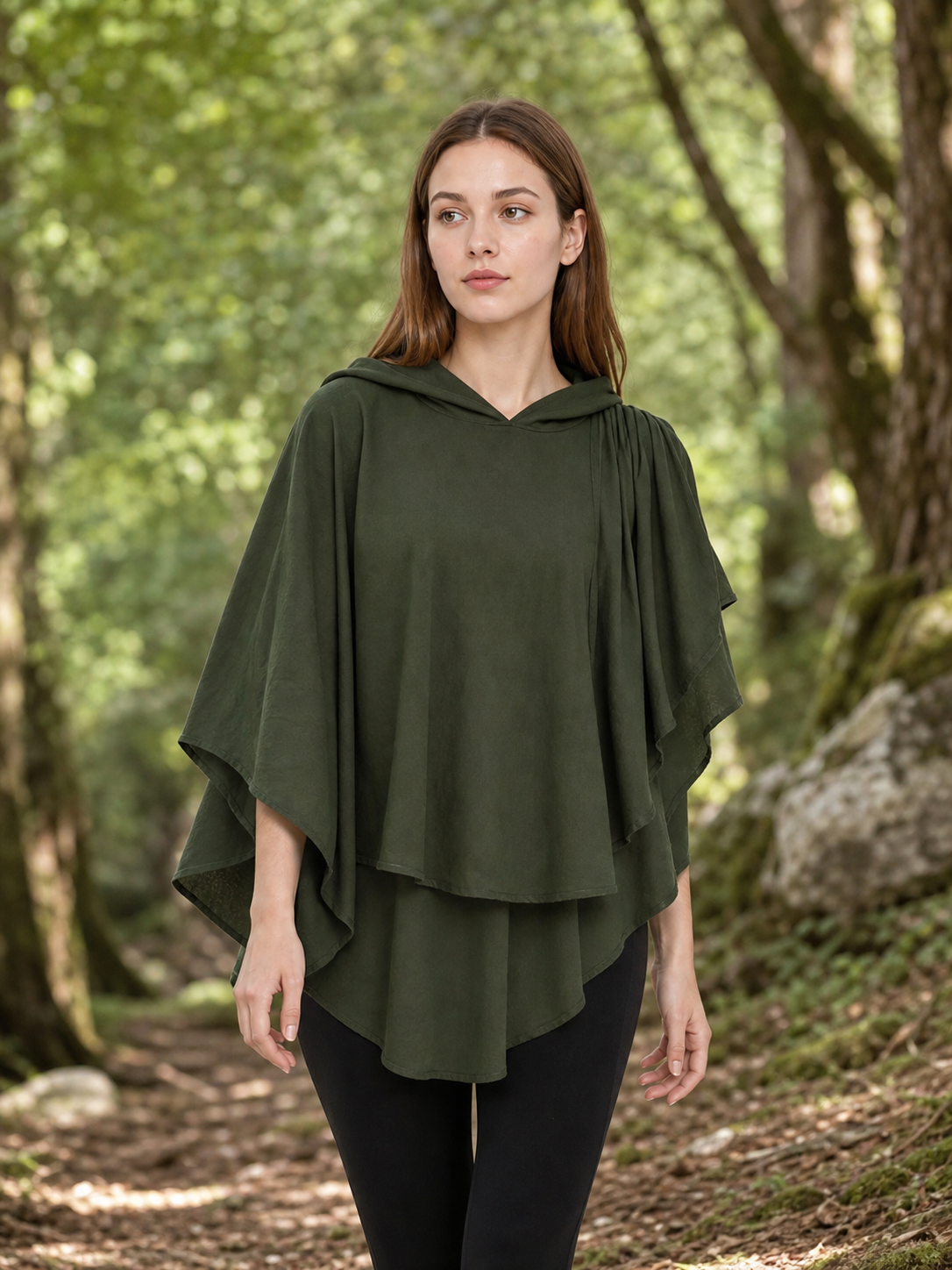 Hooded cloak-cape, green, fantasy style