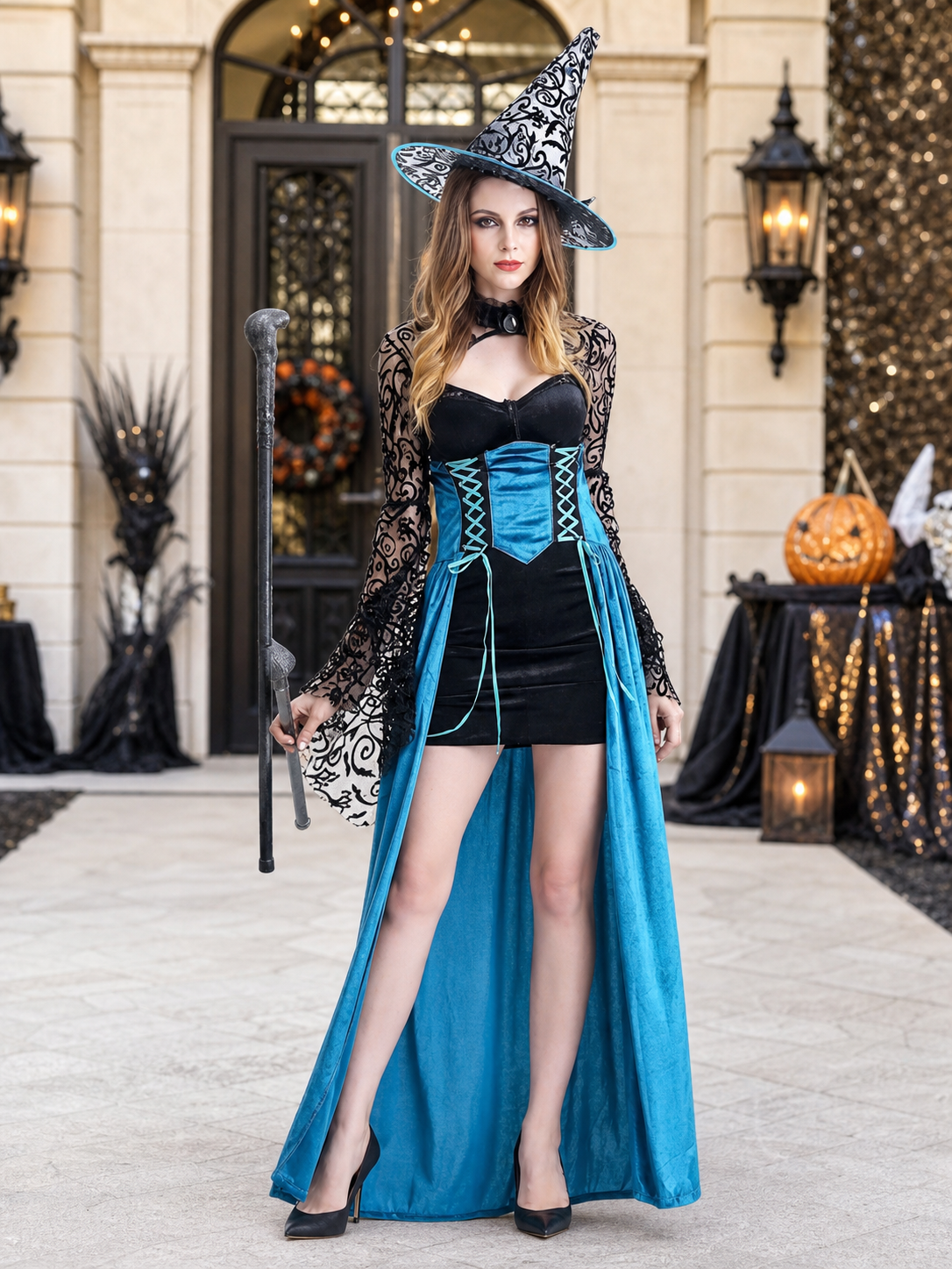 Halloween Witch Costume with Hat and Wand