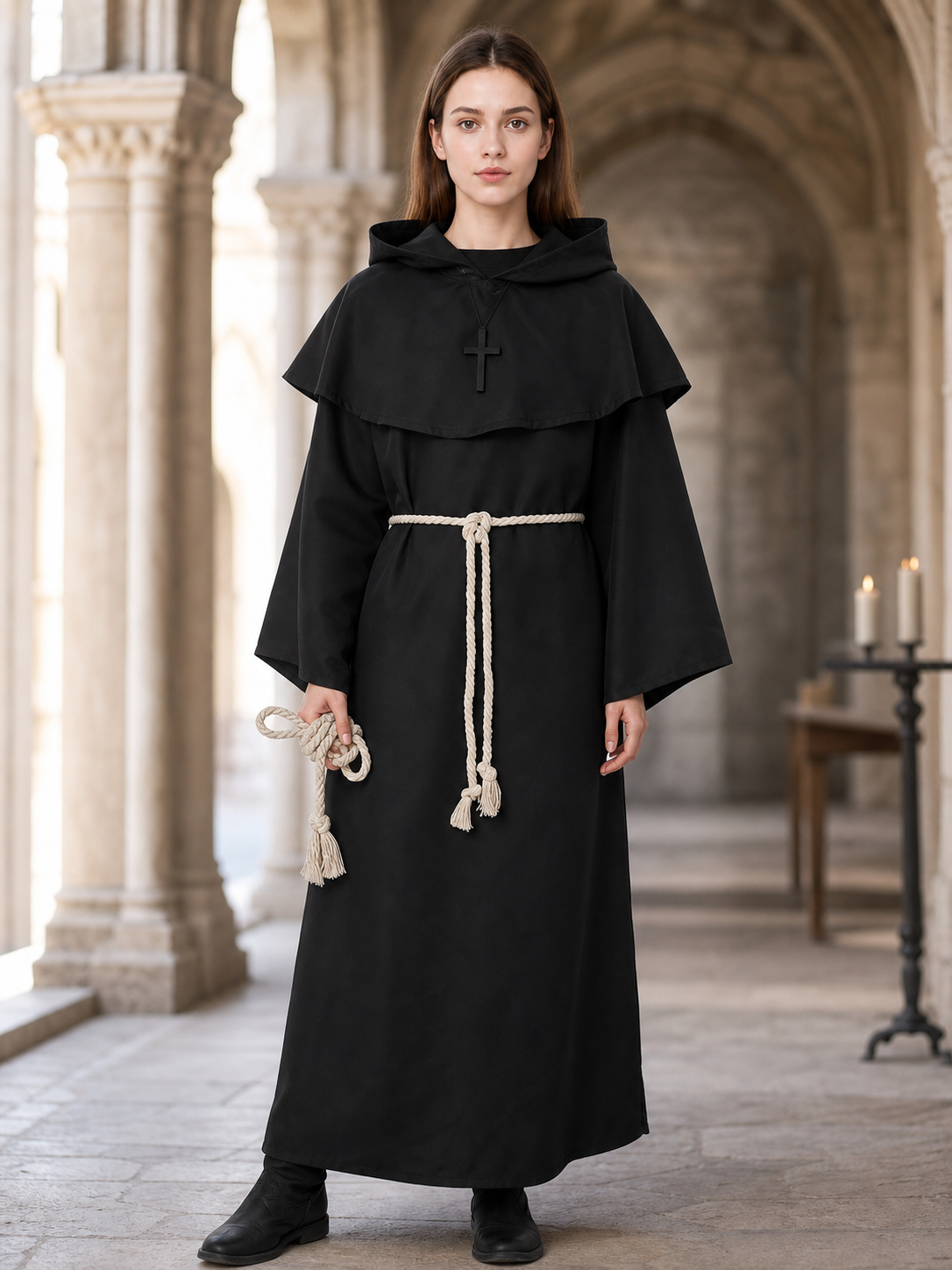 Black Hooded Monk Costume with Cross