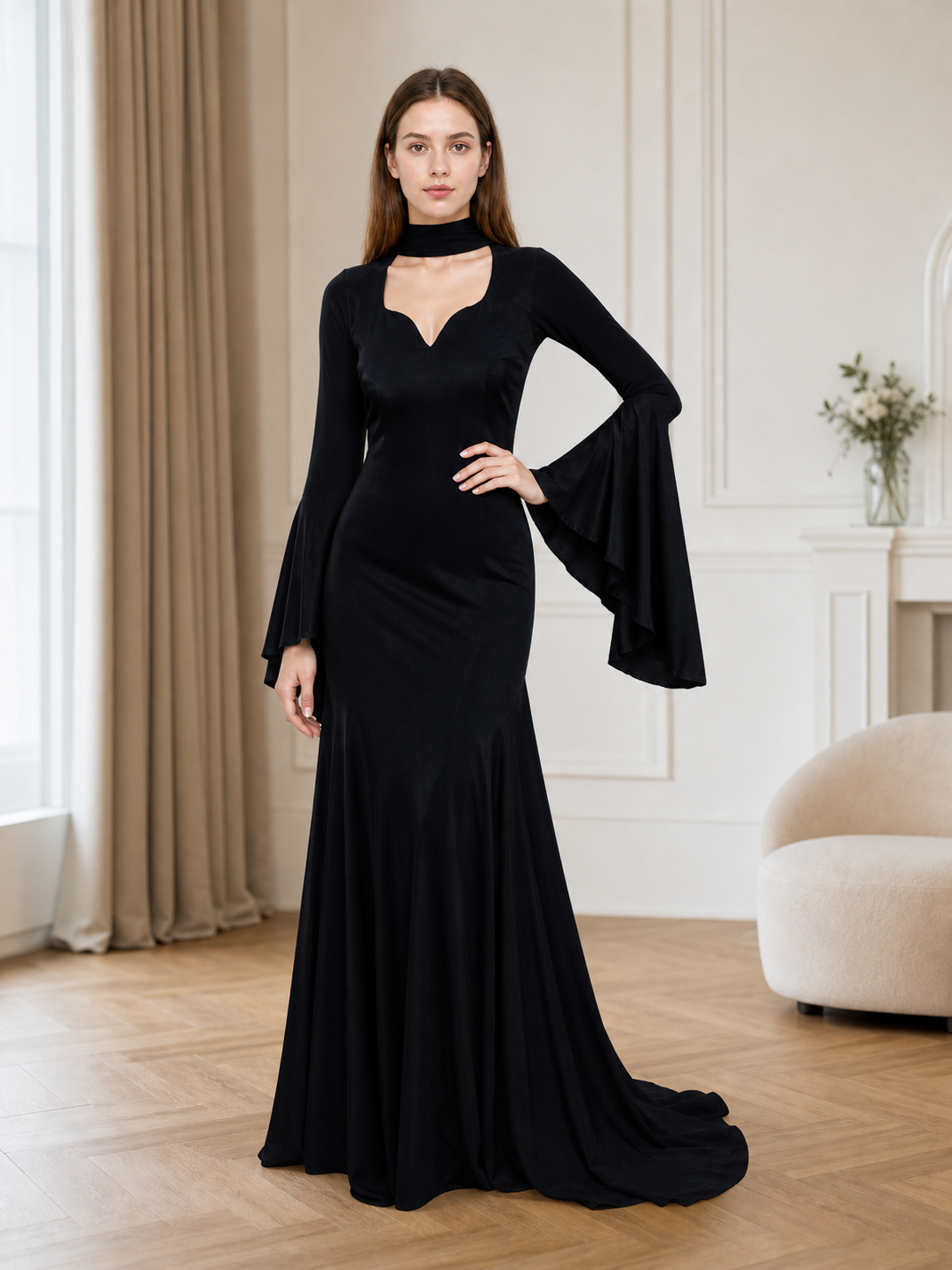 Black Gothic Floor-Length Evening Dress