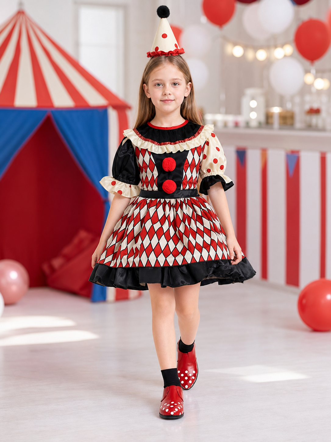 Clown Costume with Dress, Hat, and Shoes