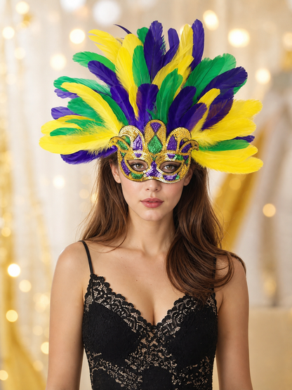 Carnival Headpiece with Feathers and Mask