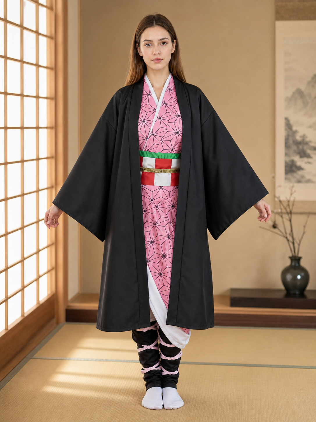 Anime-style cosplay costume: kimono, sash, and accessories