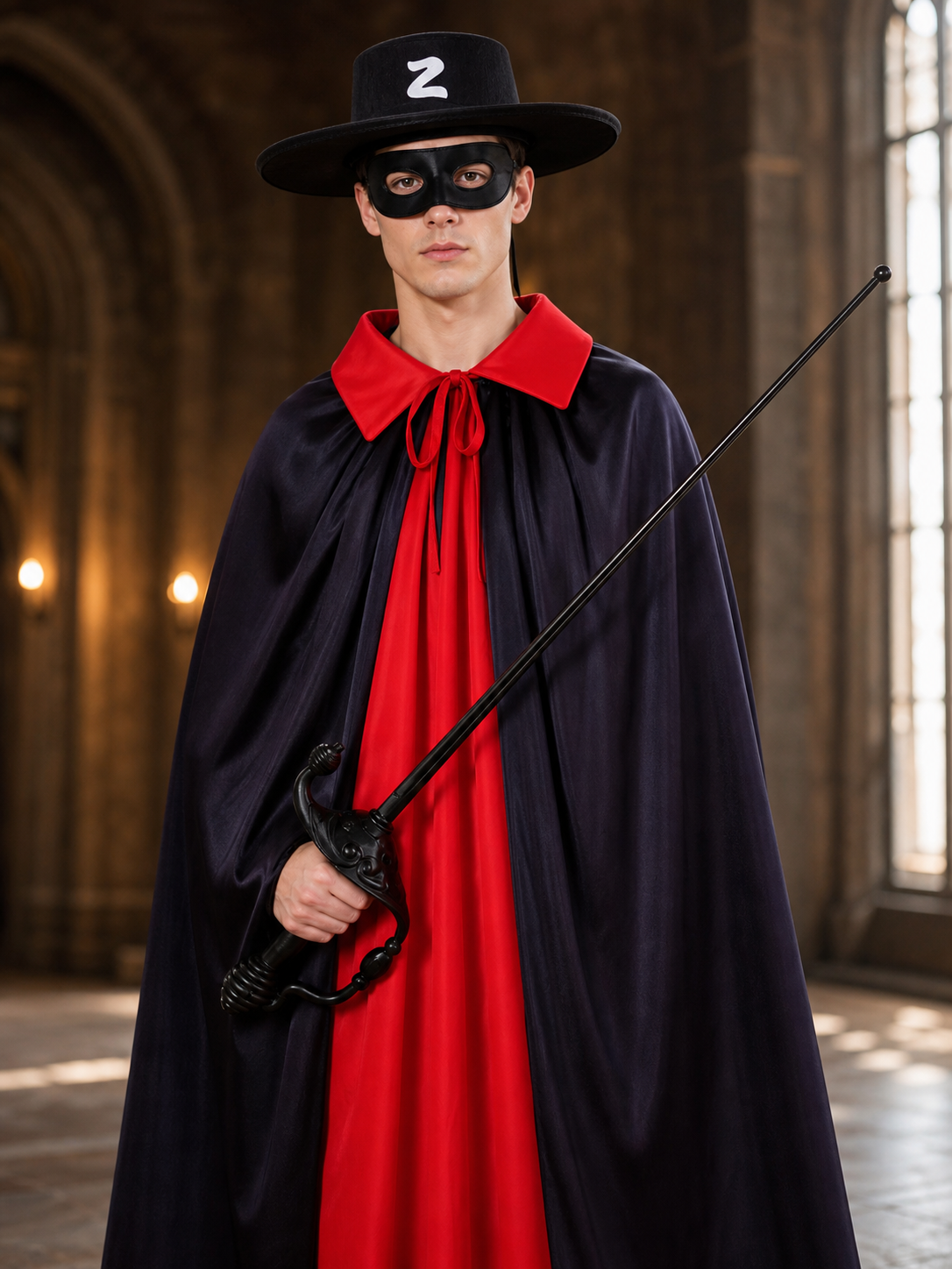 Black and red carnival cloak with hat and mask