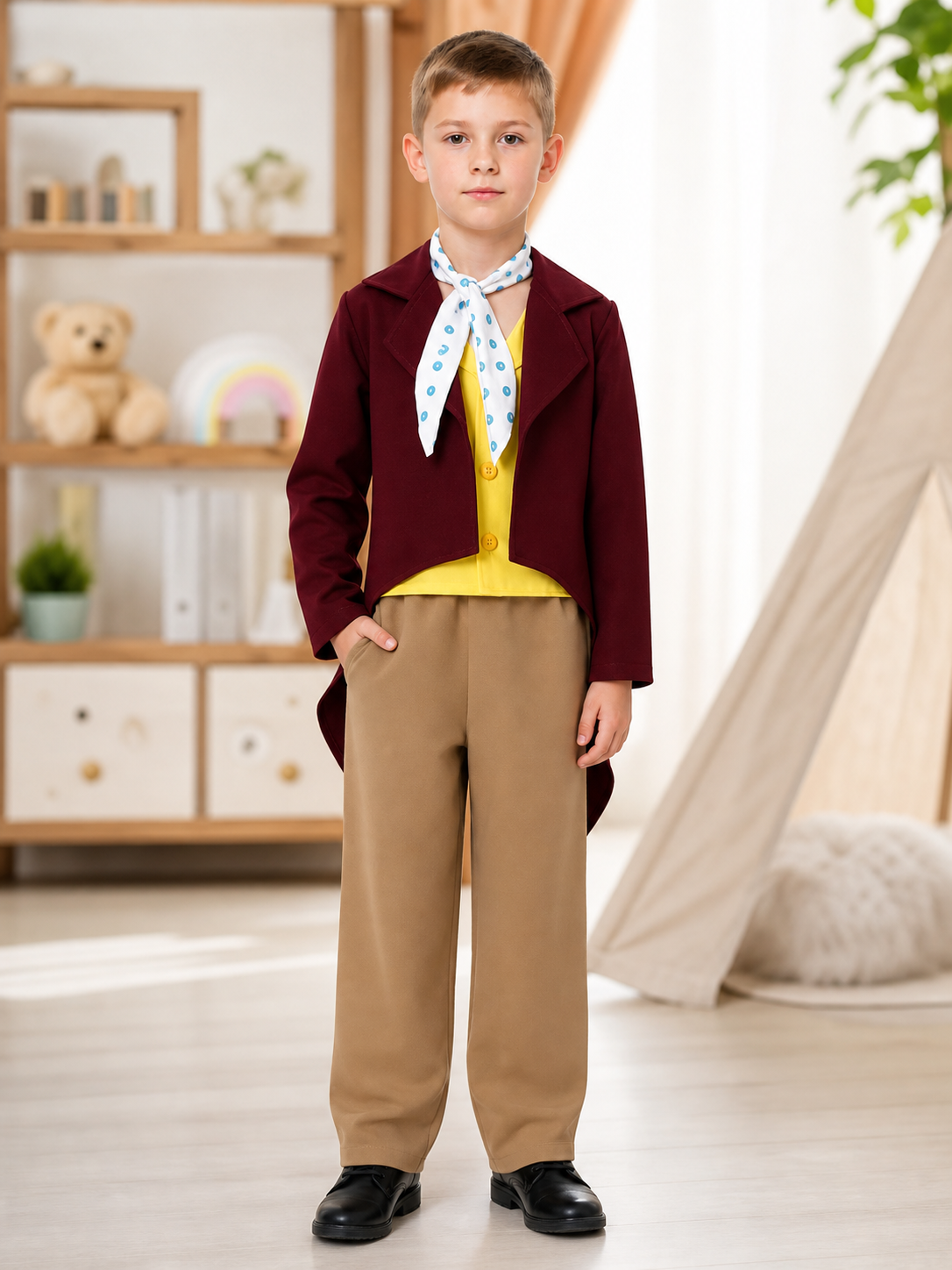 A bright fox cub costume designed in the style of a fairy-tale character helps create a striking look for dress-up, themed parties, or performances. The set includes a burgundy jacket with long pointed tails, a yellow shirt or decorative fr