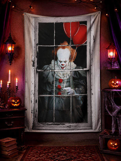 1pc Halloween Clown Backdrop, Vintage Window Frame with Red Balloons lifestyle view 2