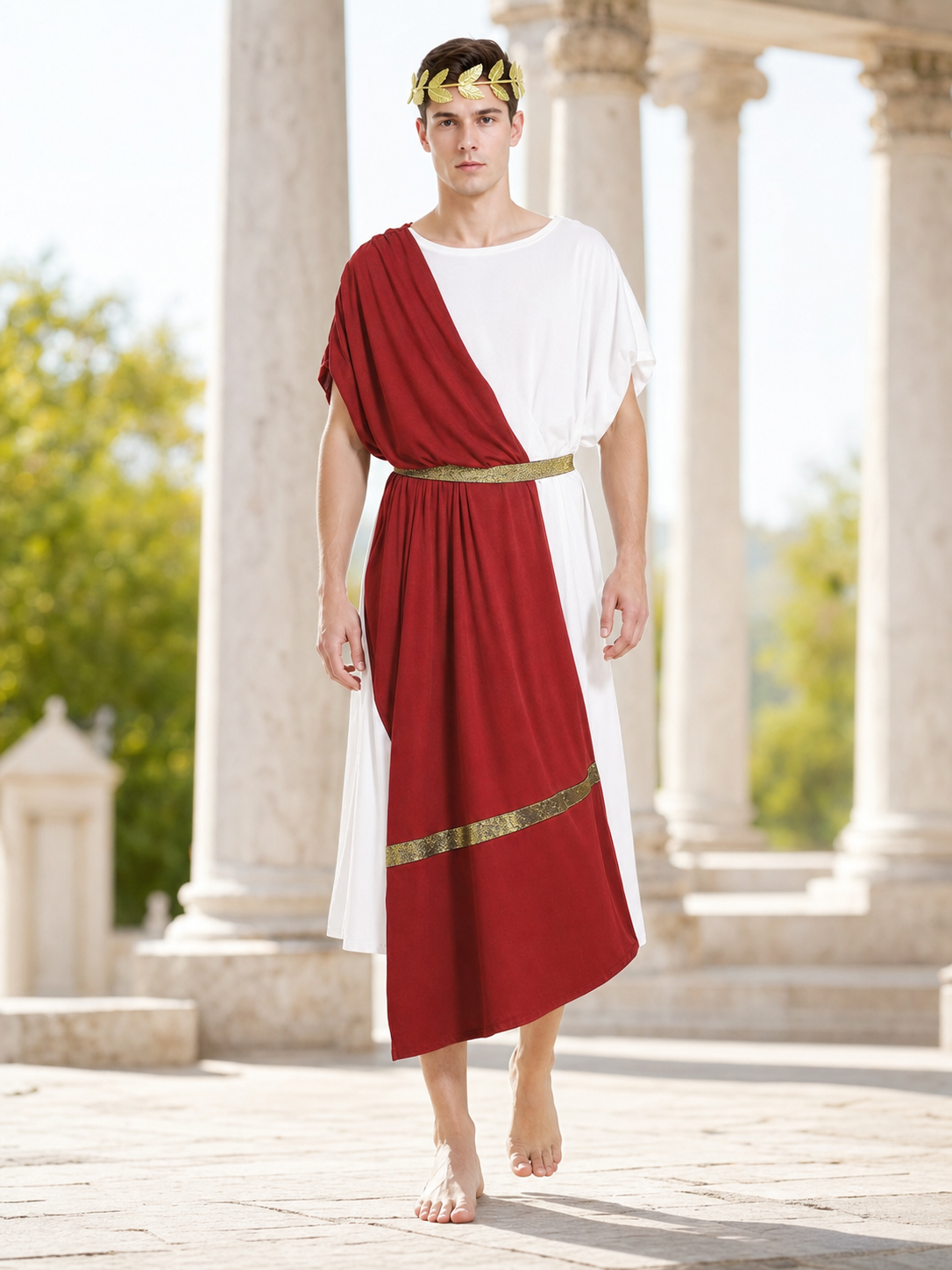 Men's Ancient Greek Costume, Red And White Draped Tunic With Gold Belt And Laurel Headpiece For Cosplay, Stage Events