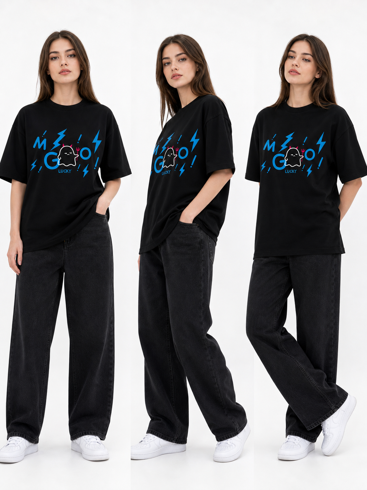 Women’s black printed T-shirt, loose fit, summer