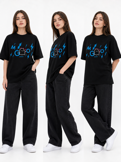 Women’s black printed T-shirt, loose fit, summer