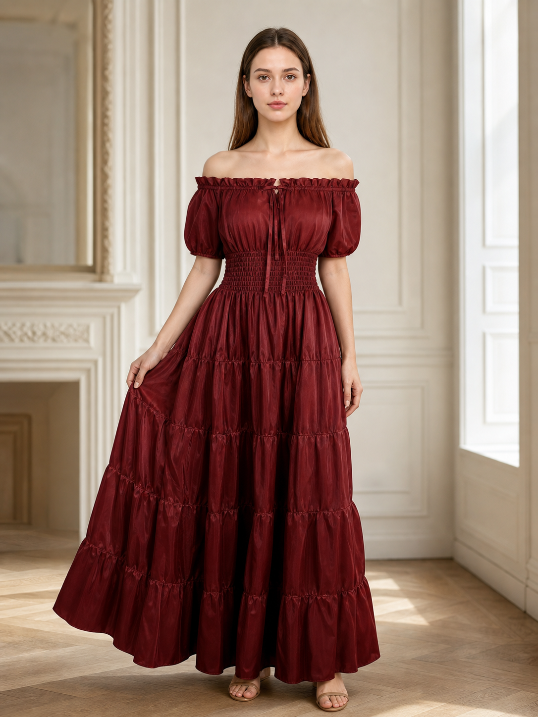 Wine Red Tiered Off-the-Shoulder Maxi Dress