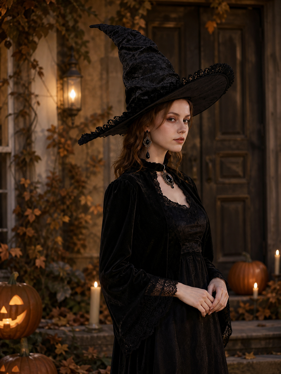 Black Halloween Witch Hat with Tall Crooked Pointed Crown, Wide Brim, Ruched Textured Velvet-Like Fabric and Lace Trim Gothic Costume Accessory for Cosplay Party Photo Shoot