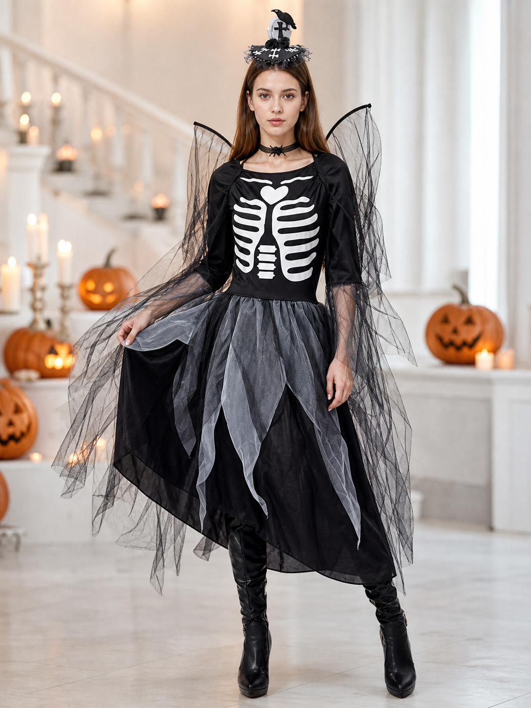 Skeleton costume dress with wings and headpiece