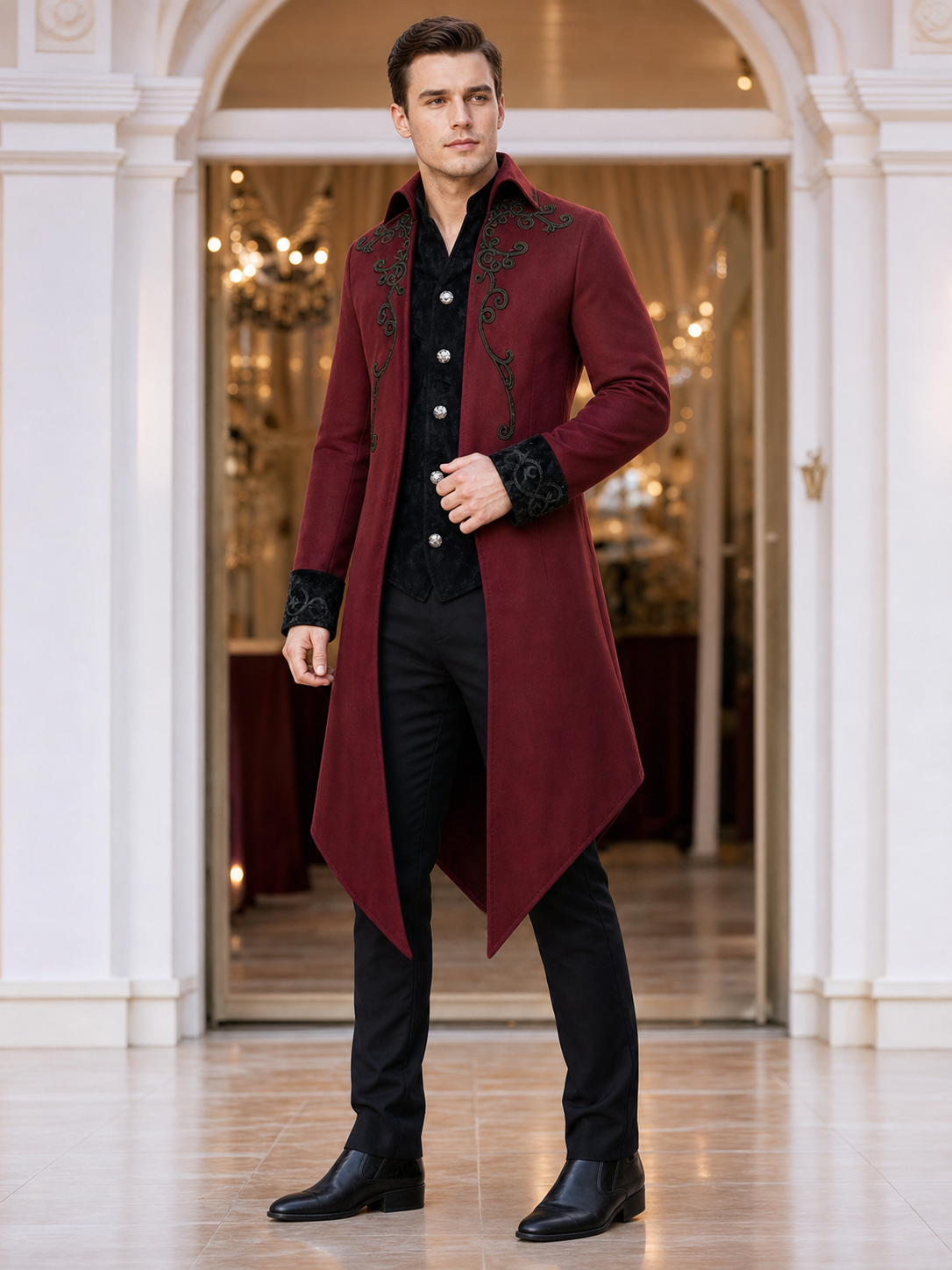 Carnival Long Embroidered Cloak, Burgundy