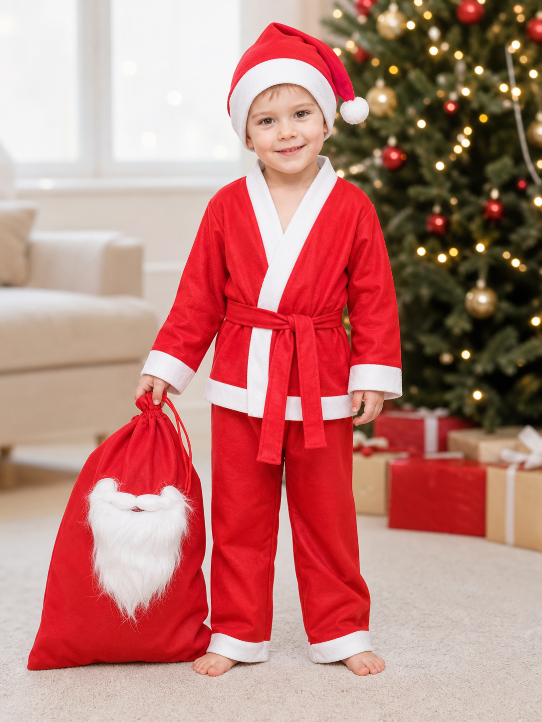 Santa Claus Costume with Hat, Beard, Belt, and Sack