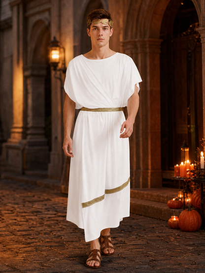 Adult Men's Ancient Greek Costume Set, 3pcs Draped Robe With Gold Trim, Waist Belt And Laurel Wreath For Cosplay Theme Parties