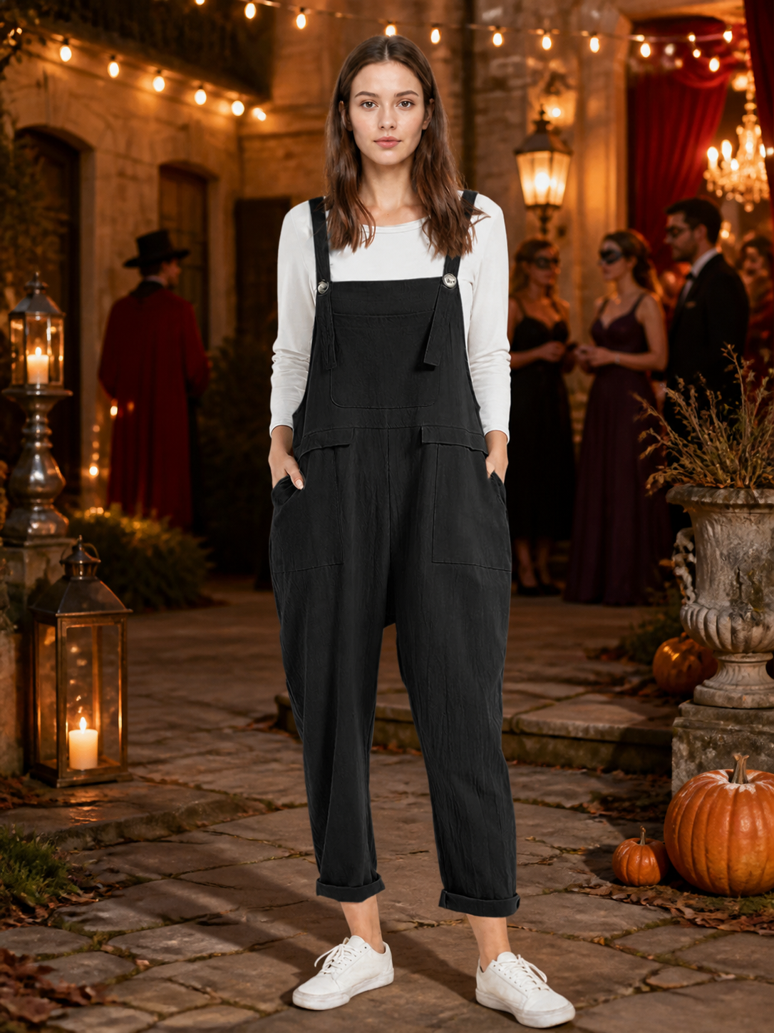 Black Bib Overalls, Loose Fit Long Pants with Chest and Side Pockets, Folded lifestyle view 2