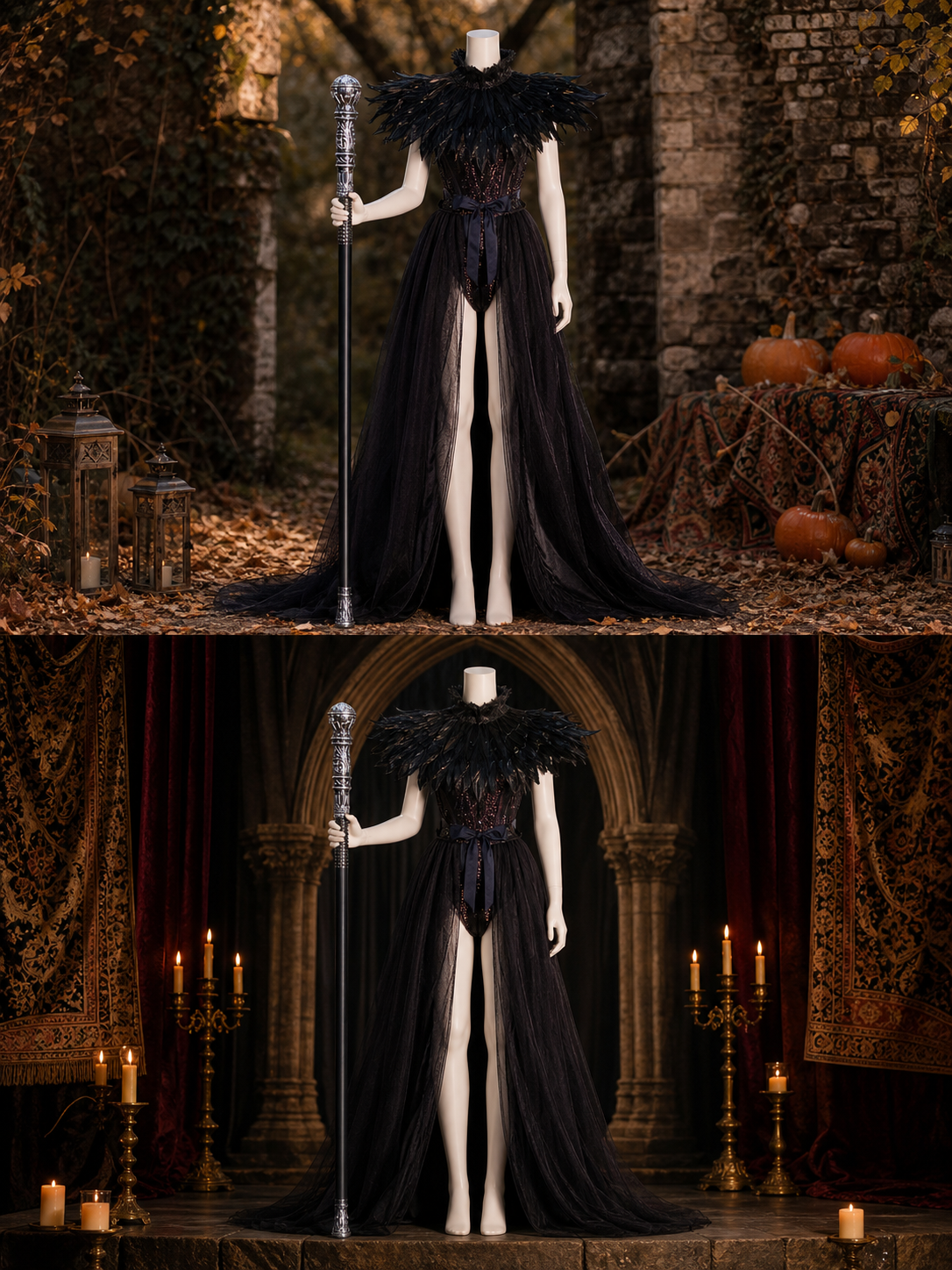 Gothic Costume with Horns, Feathers, Mesh, and Scepter lifestyle view