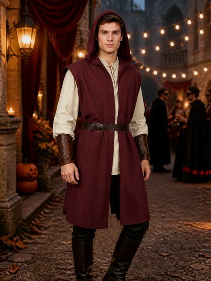 Adult Medieval Fantasy Hooded Cape, Wine Red Sleeveless Long Split-Hem Cloak lifestyle view 4