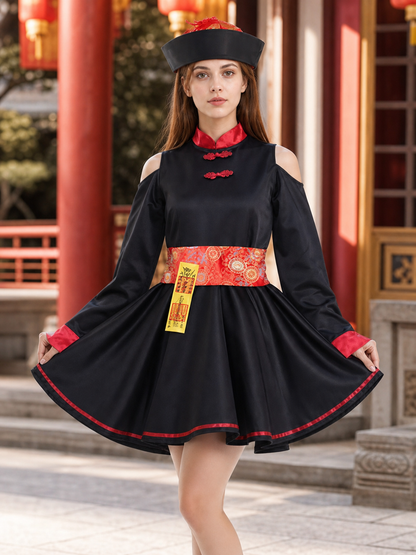 This costume dress is designed for striking theatrical looks and is suitable for cosplay, costume parties, themed performances, and photo shoots. The model follows a traditional Chinese style with expressive decorative details. The main col