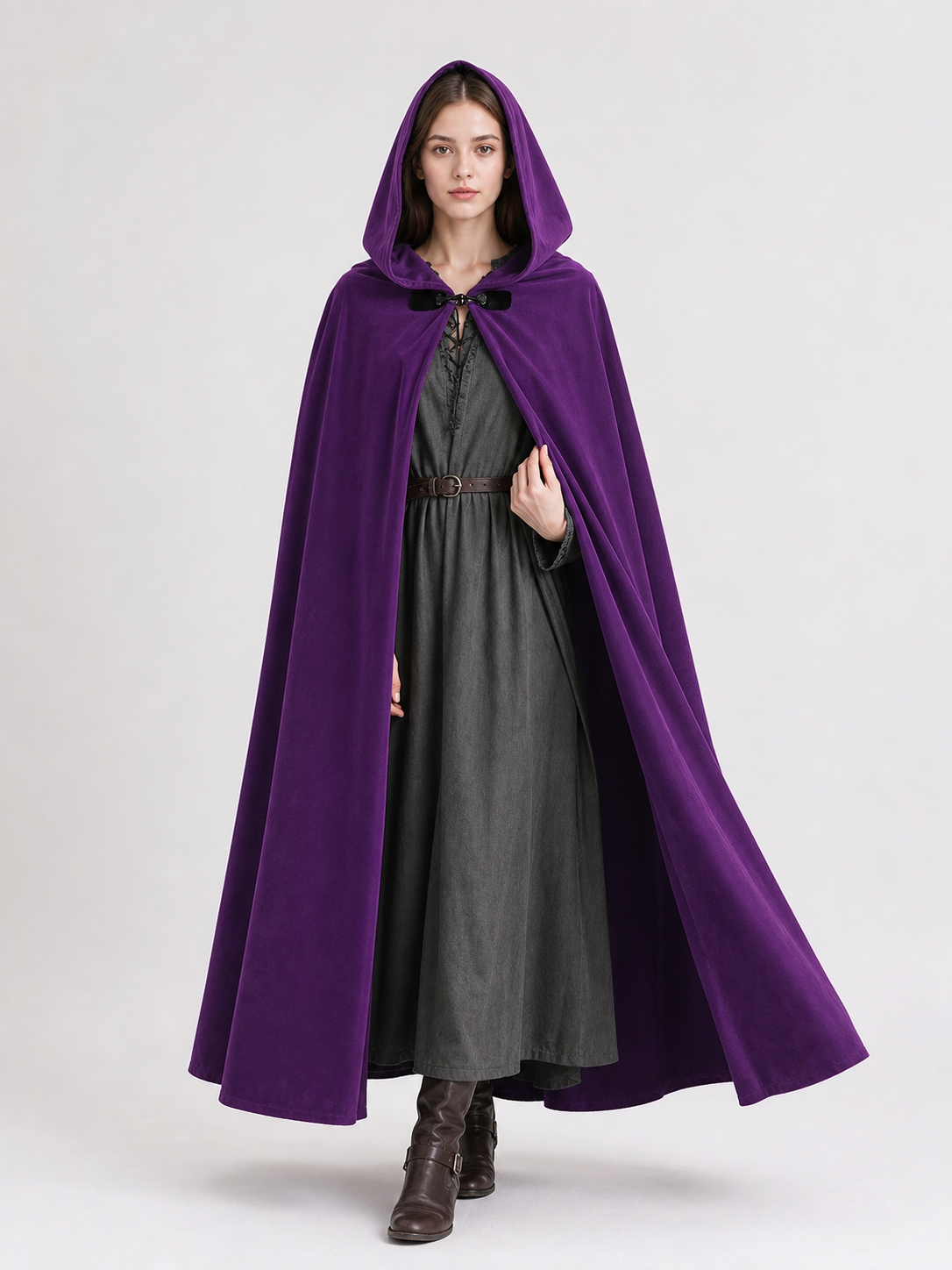 Medieval Fantasy Hooded Archer Cape with Front Clasp, Layered Tunic Style, Bow and Arrow for Cosplay Events and Costume Parties