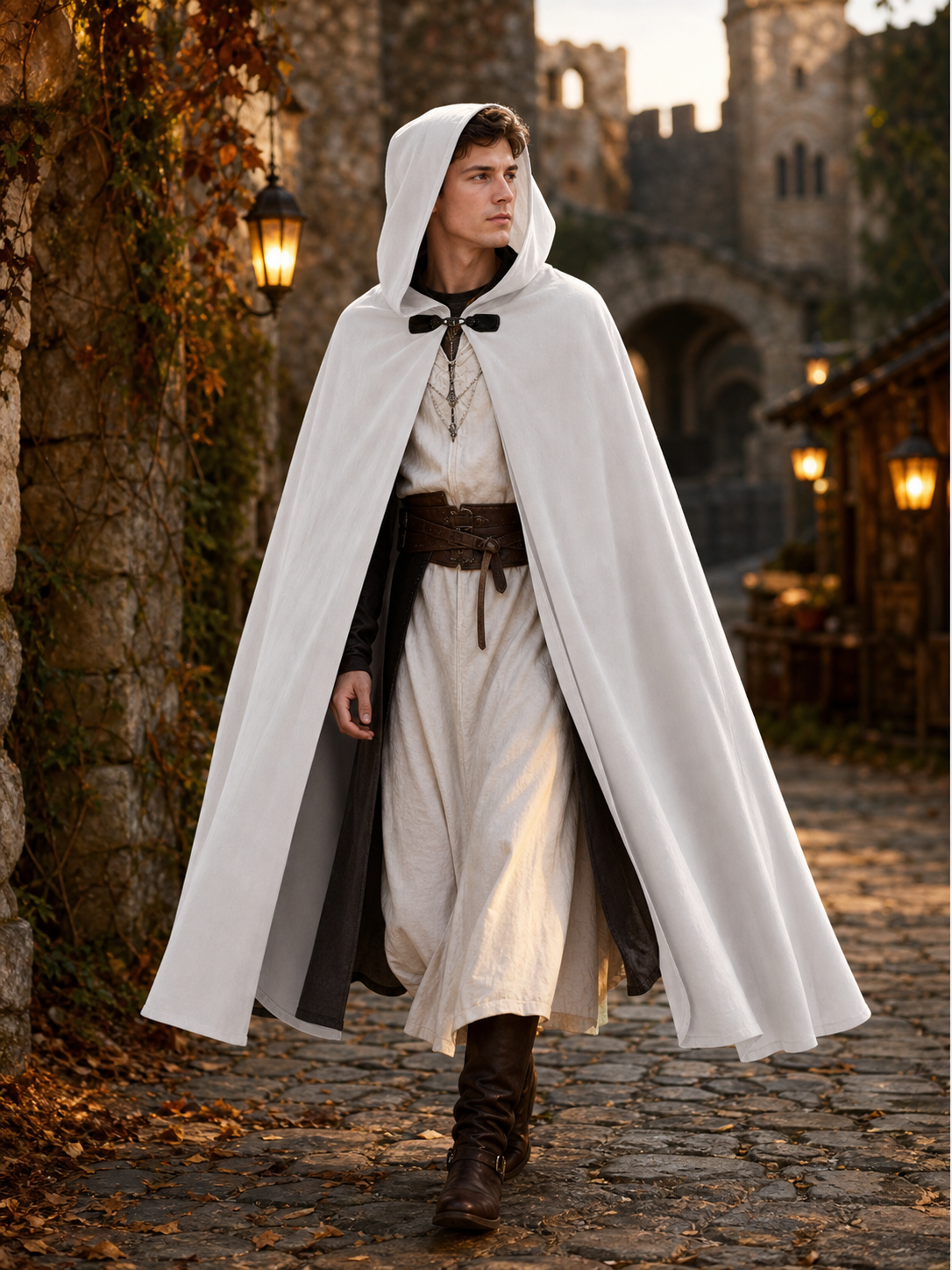 Medieval White Velvet Hooded Long Cloak Cape with Black Bow Tie Front Flared Hem lifestyle view 3