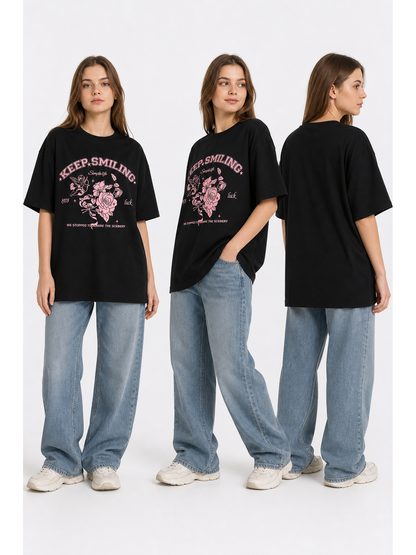 Women's black T-shirt with rose and angel print, loose fit