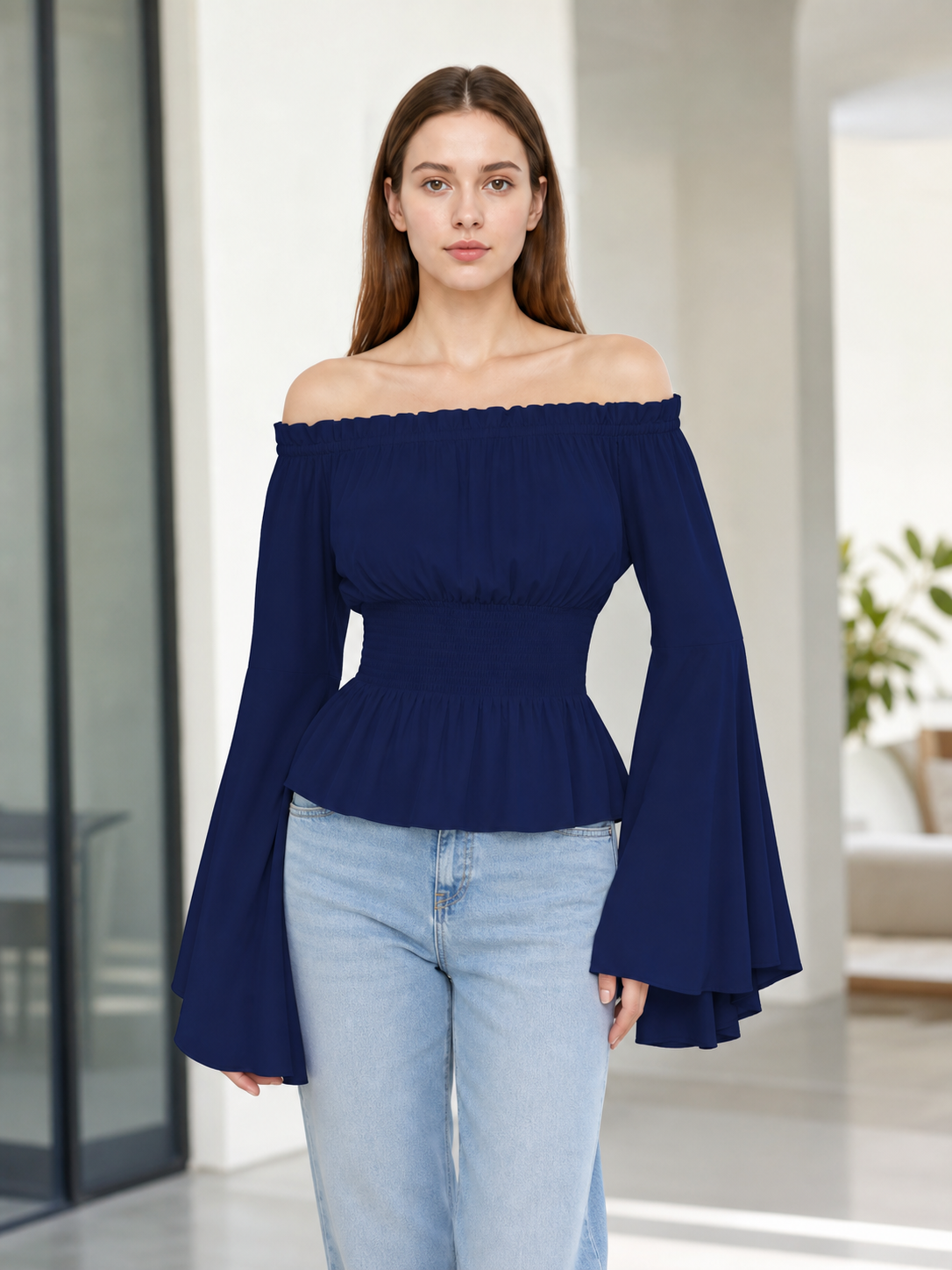 Off-the-Shoulder Blouse with Flared Sleeves