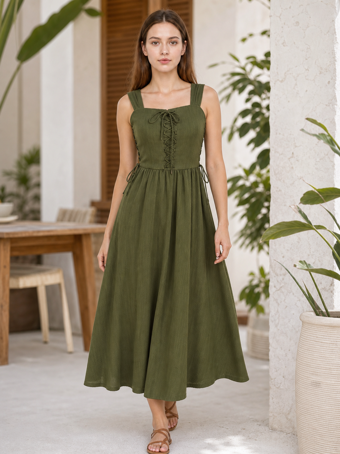 Olive Green Medieval Pinafore Dress