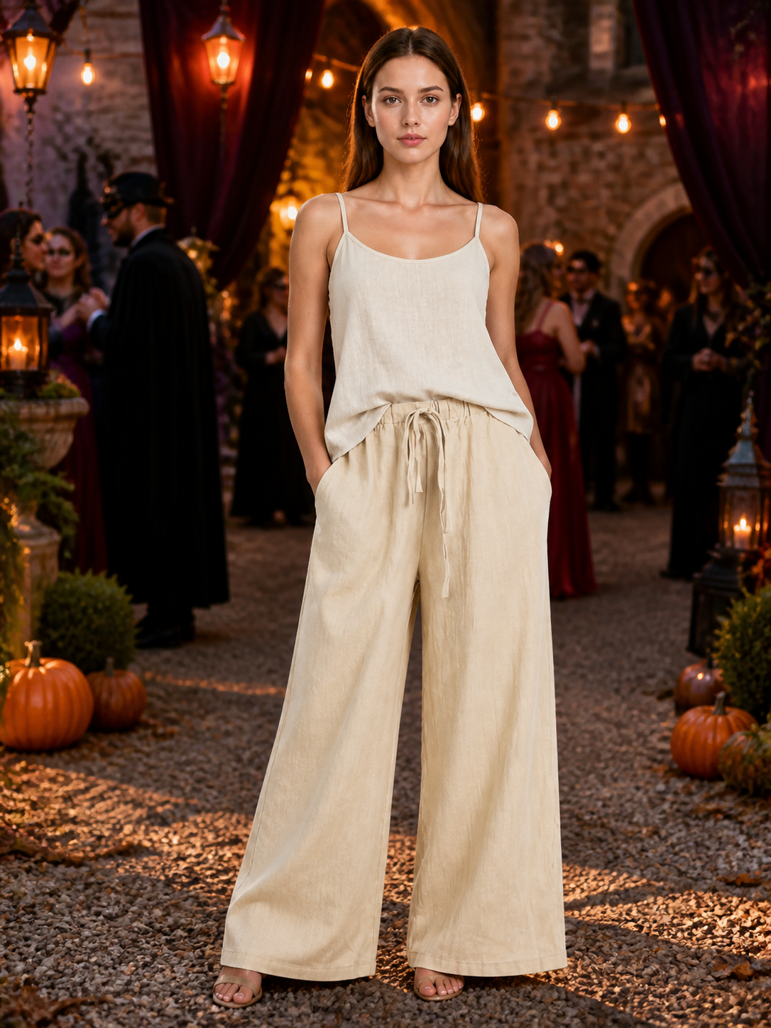 Beige Wide-Leg Pants with an Elastic Waistband and Drawstring lifestyle view