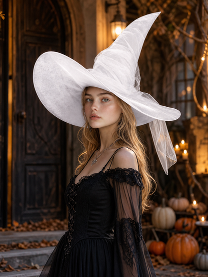 White Halloween Witch Hat With Wide Floppy Brim, Sheer Layered Fabric, Curved Pointed Crown And Trailing Veil For Cosplay Costume Party