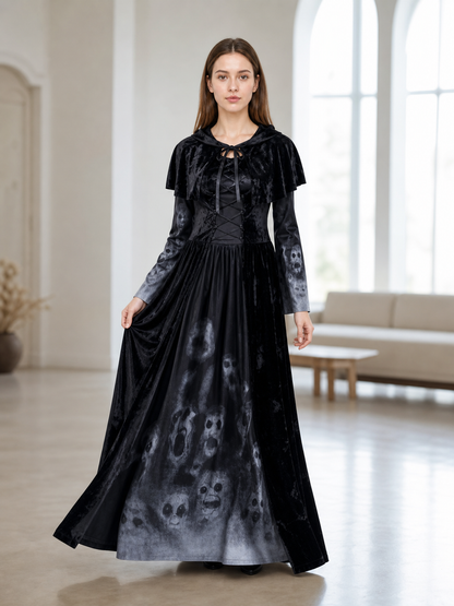 Gothic Hooded Floor-Length Dress with Skull Print lifestyle view 2
